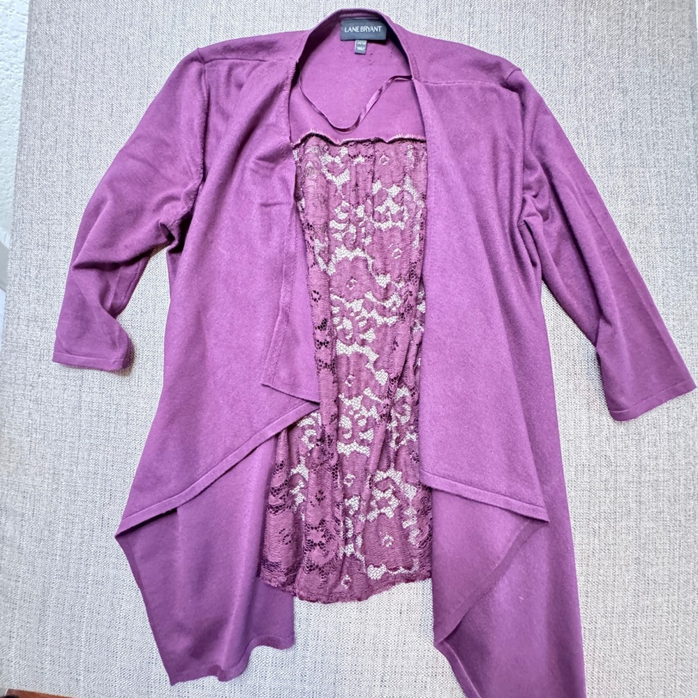 Lane Bryant Womens 14/16 Purple Lace Back Draped Open Front Cardigan Sweater